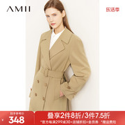 amii2024春季款高级感风衣外套，女宽松中长款配腰带双排扣卡其大衣