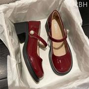 红色漆皮高跟鞋女2023法式仙女风配裙子增高粗跟玛丽珍小皮鞋
