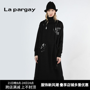 lapargay纳帕佳女秋季黑白色长袖修身中长款针织连衣裙潮