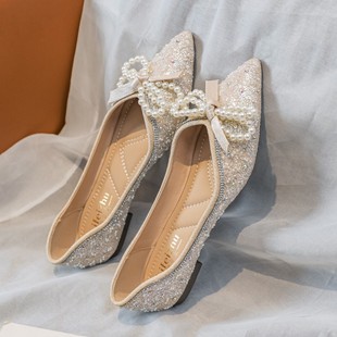韩版甜美珍珠水钻蝴蝶结气质，仙女单鞋尖头，平底精致伴娘鞋婚鞋大码