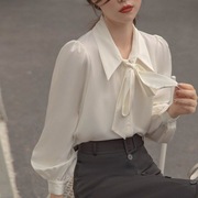 雪纺衬衫女灯笼袖范正装，结白色衬衣长袖系带，设计感职业上衣