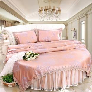 圆床四件套主题酒店圆形床4件套驼色公主蕾丝提花圆被罩圆床单2米