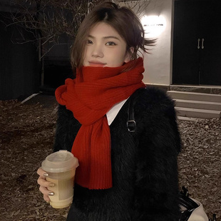 新年红色围巾女冬季韩版简约百搭纯色保暖学生针织毛线情侣围脖