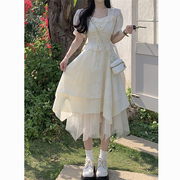 茶歇法式白色方领雪纺，连衣裙女夏季小个子，纱裙蛋糕蓬蓬仙女长裙子