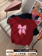 女大童夏装纯棉短袖，t恤2024儿童蝴蝶结半袖，体恤洋气红色上衣