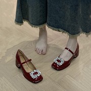 法式复古高跟红色小皮鞋玛丽珍鞋女粗跟单鞋水钻婚鞋新娘鞋子