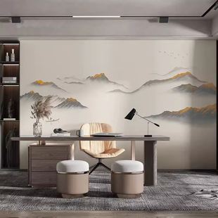 新中式电视背景墙纸水墨大气，山水画壁布客厅沙发墙布卧室硬包壁纸