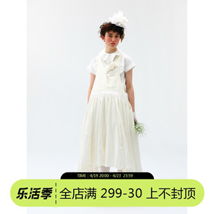 WOKERKER  夏款日系复古白色棉麻拼接围裙式绑带连衣裙