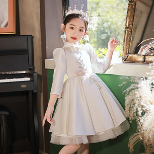 女童公主裙高端花童婚礼小女孩礼服儿童钢琴，演出服主持人白色国风