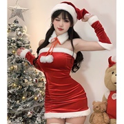 圣诞节cos主题服装，可爱毛球丝绒红色裹胸连衣裙，性感圣诞女装战袍