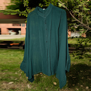 ()真丝乔其孔绿色立领拼接蝙蝠长袖宽大空调休闲服桑蚕丝衬衫