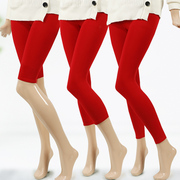 女士秋冬保暖七分打底裤紧身保暖大红色五分裤，修身加绒弹力塑形厚