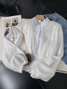 韩版白色宽松立领雪纺，衫休闲长袖单排扣上衣时尚，休闲i$8