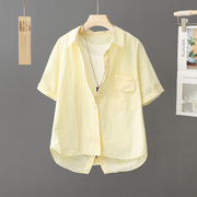 设计感小众奶黄色衬衫，女短袖夏季纯棉小个子，上衣短款小衫温柔衬衣