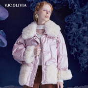 VJC OLIVIA2023秋冬粉色羽绒服拼接羊羔毛短款加厚外套女装