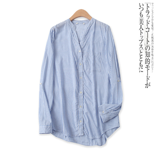 人棉条纹衬衫秋季外贸女装减龄百搭单排扣宽松长袖衬衣15523