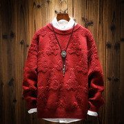 酒红色圆领提花毛衣男设计感小众roora情侣装，外套大码慵懒针织衫