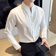 英伦风潮流衬衫男长袖冬季高级d感韩版修身v领商务休闲白衬衣(白衬衣)