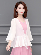短款披肩女2022韩版七分袖袖系带小开衫，雪纺纯色罩衫配裙子小外搭