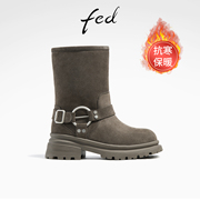 fed加厚保暖靴冬季靴子粗跟短靴加绒时装靴女款R1121-ZCA355