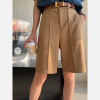 卡其色百慕大短裤女夏季高腰直筒中裤，西装五分裤子小个子2024