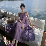 百褶飘逸长裙去海边穿的紫色裙子，三亚显瘦沙滩裙女度假吊带连衣裙