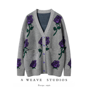 萨琪尼绒+〓复古灰紫玫瑰提花深v领廓形100%纯羊绒针织开衫