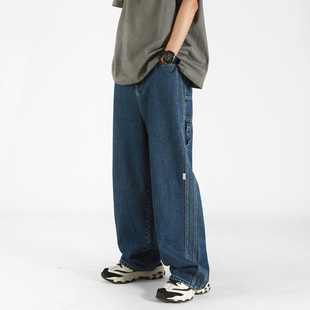 Lemanism深蓝色美式牛仔裤男款夏季薄款宽松直筒休闲裤垂感长裤子