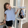2024夏装女童韩版设计感个性不规则无袖短款翻领蓝色衬衫