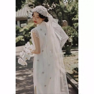缎面轻婚纱2024新娘旅拍出门纱白色领证登记小礼服裙平时可穿