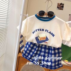 韩国童装2023夏季儿童男女童字母短袖T恤格子短裤两件套休闲套装