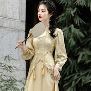 新中式国风改良旗袍连衣裙女秋季高级感气质复古假两件拼接长裙潮