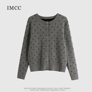 IMCC设计感小众洋气黑灰波点长袖圆领针织开衫女宽松短款毛衣外套