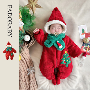 ins冬季圣诞树婴幼儿爬服雪花刺绣加绒加厚保暖连体衣送围巾