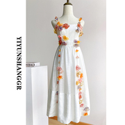 白色重工立体花朵吊带连衣裙女夏季长裙法式富家千金气质礼服裙子