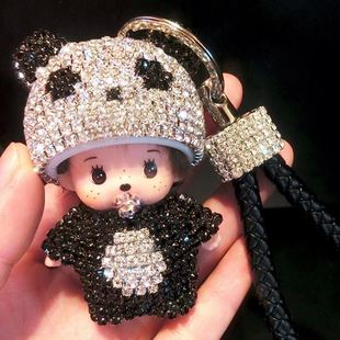 韩版卡通毛球镶钻蒙奇奇，编织绳汽车钥匙扣，水晶包包钥匙链挂件女生