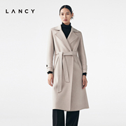 LANCY/朗姿羊毛桑蚕丝大衣冬季宽松中长款毛呢外套女收腰通勤