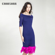 香莎CHANSARR 优雅复古 紫蓝一字领连衣裙 别致设计 撞色荷叶边裙