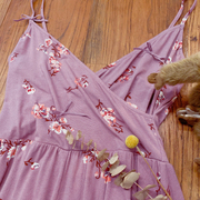 rom2面膜连体裙裤 舒适弹力 温柔粉紫色印花v领度假风 吊带连体裤