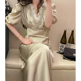 法式气质v领亮片水钻连衣裙，2023夏季小众设计高级感蕾丝仙女长裙