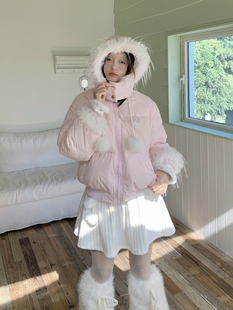 南西粉色羽绒服女加厚短款小众，设计感90白鸭绒(白鸭绒)大毛领羽绒外套