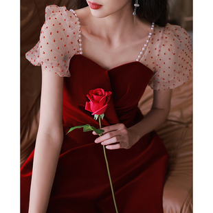 敬酒服新娘2023夏季订婚连衣裙红色礼服，女小个子法式平时可穿