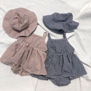 韩版童装女宝宝格子吊带连衣裙哈衣婴儿连体衣婴童外出服爬服送帽