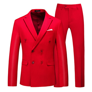 双排扣西服套装男两件套大红色商务休闲职业装英伦风西装外套裤子