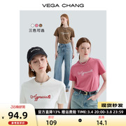 vegachang短袖t恤女2024年春设计感图案，绣花小圆领打底上衣