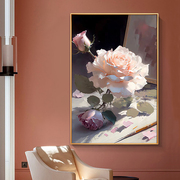 治愈玫瑰粉红花卉纯手绘油画现代轻奢玄关走廊装饰画卧室餐厅壁画