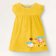 女童黄色圆领短袖连衣裙木耳边小可爱裙子宝宝夏装，纯棉半袖公主裙