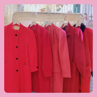 日本制古着vintage复古桃粉红色厚实纯羊毛呢子大衣外套