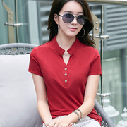 立领t恤女士短袖2023年夏装韩版纯棉，半袖v领修身体恤洋气上衣