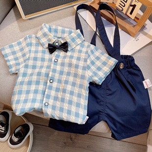 男宝宝夏装格子衬衫短袖套装纯棉婴幼儿夏季背带短裤两件套宝宝潮